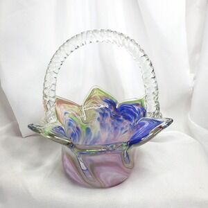 VTG FM Konstglas Ronneby Sweden Art Glass Basket Tulip Floral Blue Pink Purple